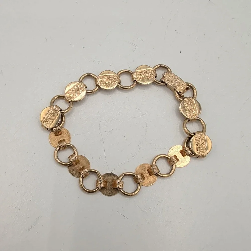 Vintage Gold Tone Sarah Coventry textured disks round link chain Bracelet‎ 7 